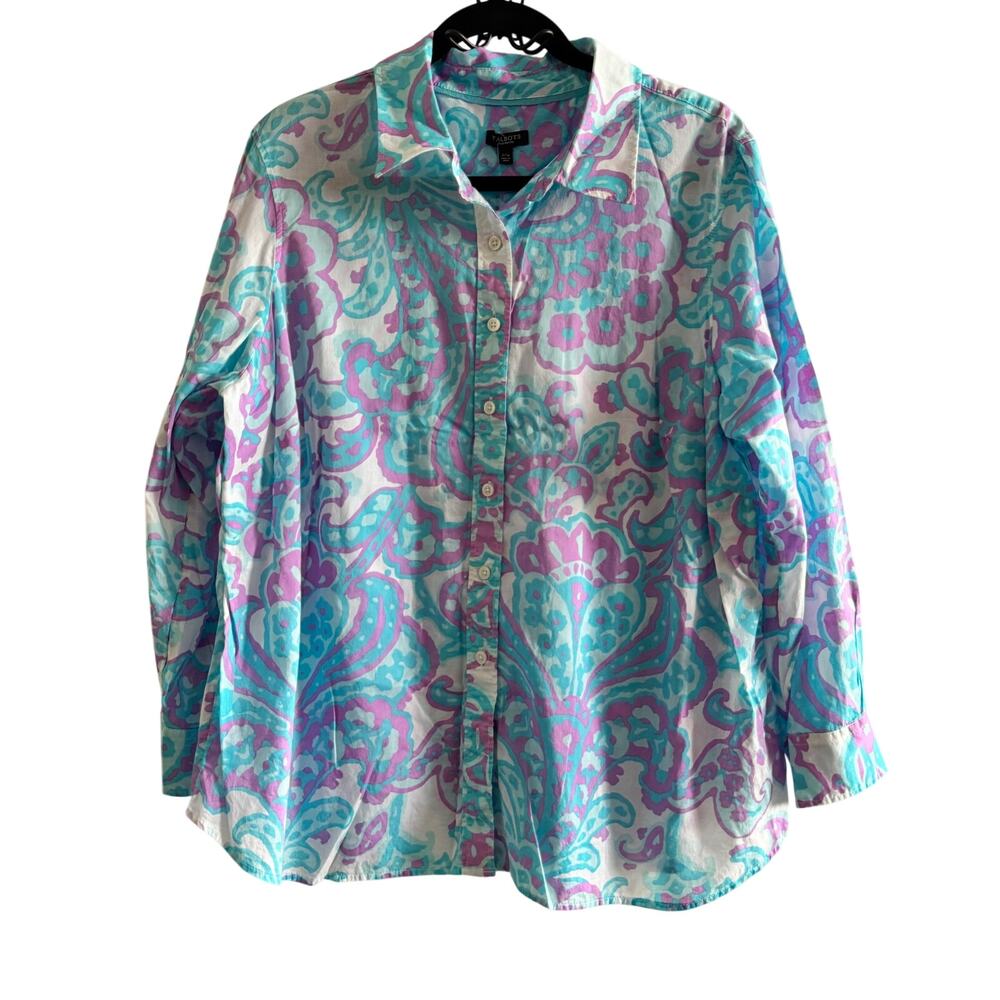 Talbots Shirt Top Blue Purple Collared Button Front Floral Long Sleeve Sz 2XP